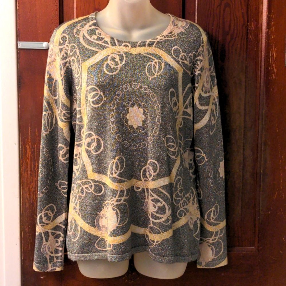 J. McLaughlin Metallic Sweater w/ Pearl Buttons Down Back Sz M